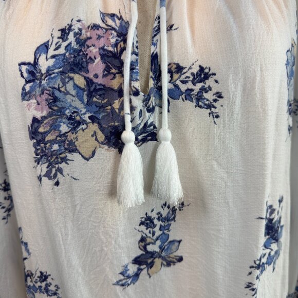 Lucky Brand Women’s L White Blue Floral Boho Peasant Top Long Sleeve Ruffle Neck - Picture 5 of 10